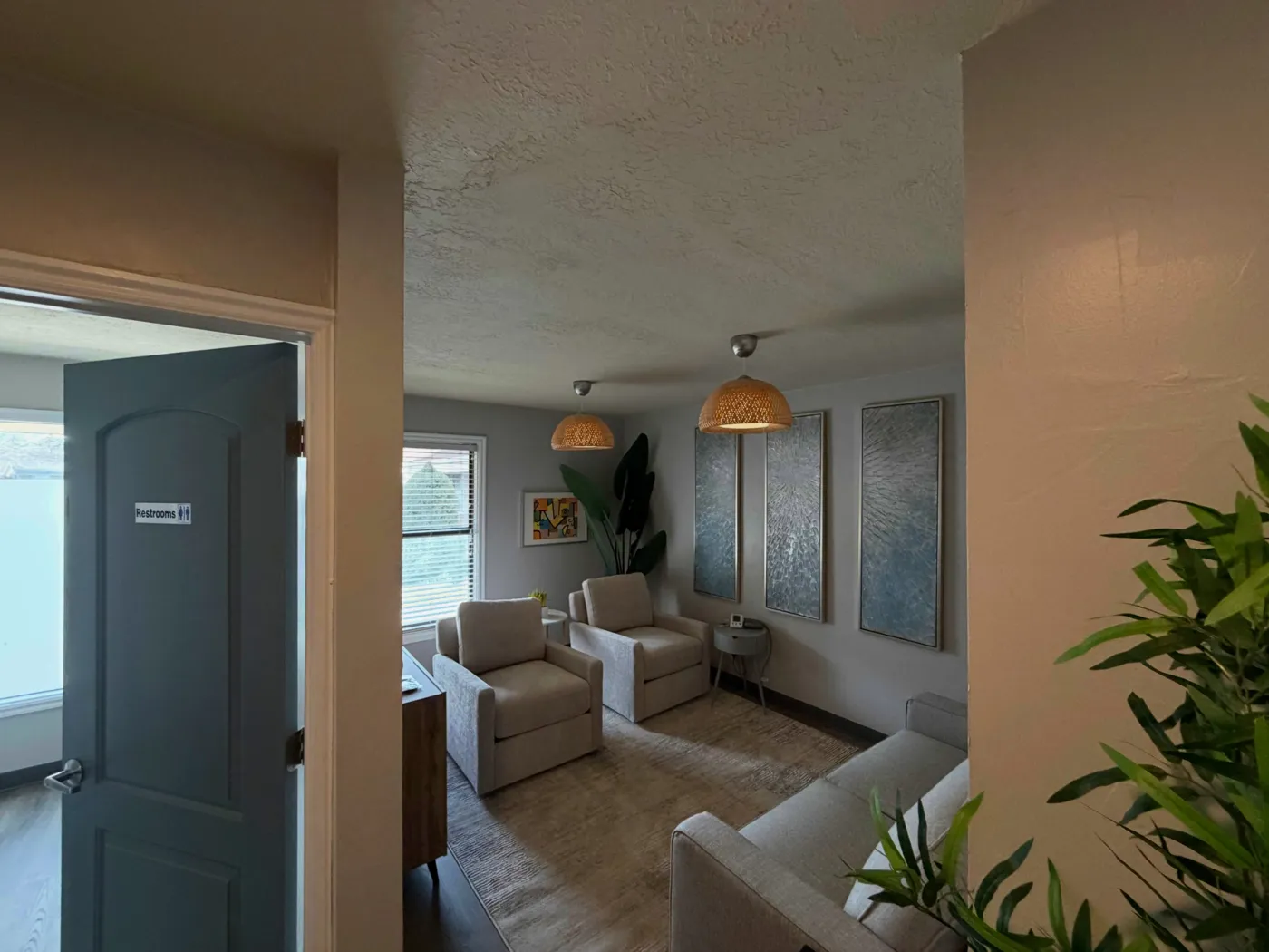 One of our dosing rooms, with armchairs, a sofa, plants and soft pendant lights
